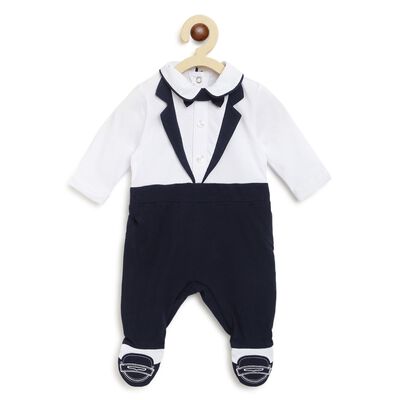 Boys White & Blue Solid Nappy Opening Babysuit